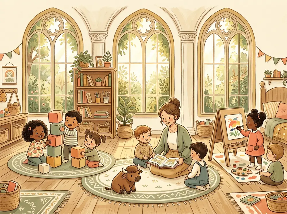 Illustration of toddlers stacking blocks, painting and reading with a teacher in a sunny playroom with tall arched windows