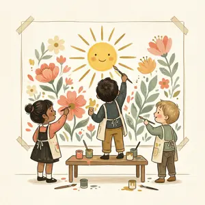 Illustration of preschoolers in smocks painting a big colorful mural
