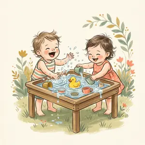 Illustration of two toddlers splashing at a sensory water table